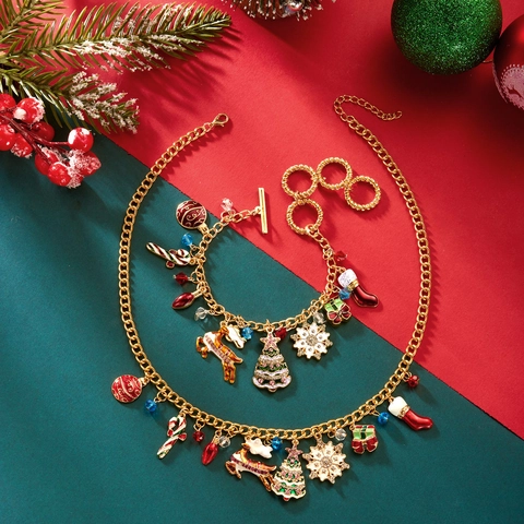 Weihnachts Schmuckset Legierung Halskette Armband Weihnachtsmann Rentier Schneeflocke Anhänger Strass Künstliche Perle Festliches Geschenk Damen