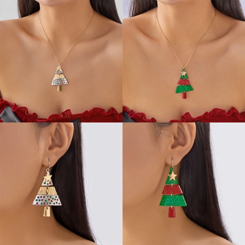 Christmas Tree Pendant Necklace Earrings Set Zinc Alloy Rhinestone Enameled Festive Party Fashion Jewelry For Women