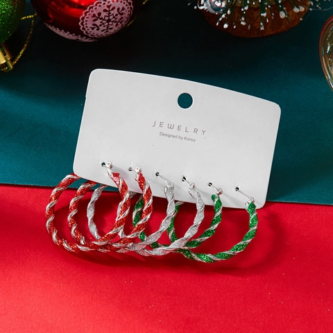 Tripel Verdrehte Creolen Kollektion Weihnachten Rot Grün Silber Legierung Schmuck Für Damen Feiertag Festliche Party Accessoire