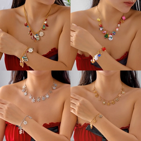 Christmas Alloy Rhinestone Enamel Necklace Bracelet Set Snowflake Elk Xmas Tree Festive Jewelry For Women Wedding Party