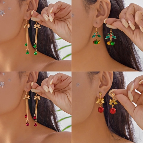 Christmas Bow Bell Tassel Earrings For Women Gold Plated Alloy Enamel Holly Leaf Red Green Festive Holiday Jewelry Gift