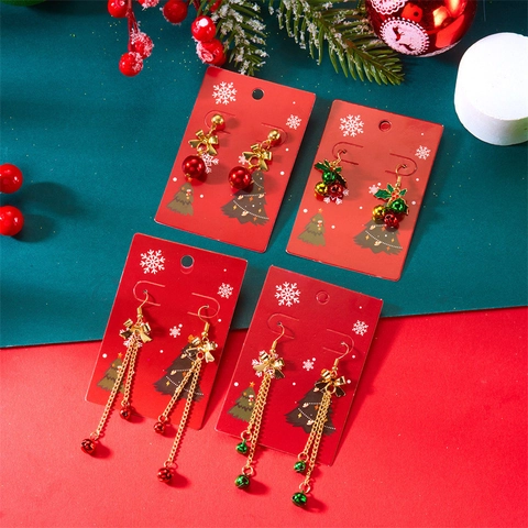 Christmas Bow Bell Tassel Earrings For Women Gold Plated Alloy Enamel Holly Leaf Red Green Festive Holiday Jewelry Gift