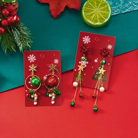Christmas Alloy Enamel Earrings Snowflake Snowman Christmas Tree Bow Bell Rhinestone Festive Holiday Jewelry For Women