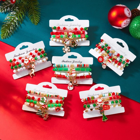 Christmas Bracelet Set For Women Handmade Polymer Clay Bead Bracelets With Santa Claus Reindeer Snowman Pendants Festive Jewelry Gifts