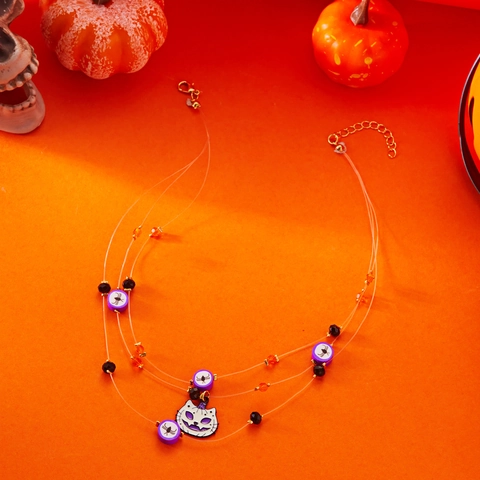 Αλυσίδα Halloween με Στρώσεις από Κράμα για Γυναίκες Μενταγιόν Φάντασμα Πρόσωπο Γάτας Εορταστικές Μοβ Πορτοκαλί Μαύρες Χάντρες Κοσμήματα για Πάρτι Μεταμφιεσμένων Δώρο