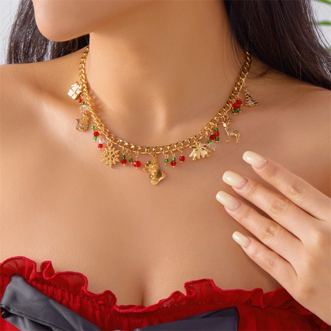 Kerstboom Hanger Ketting Legering Goud Zilver Verguld Sneeuwvlok Eland Bel Kous Charms Rood Groen Kralen Kerst Sieraden Cadeau