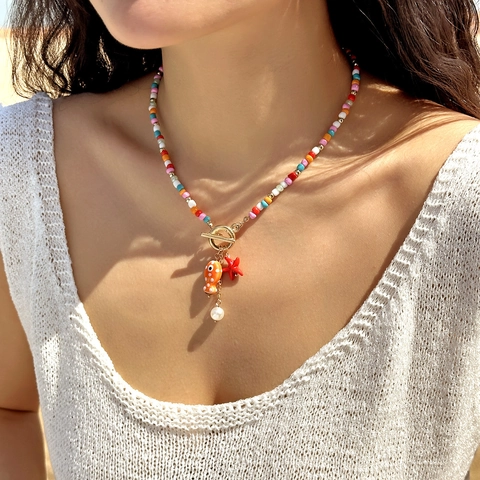 Ocean Series Ceramic Fish Pendant Necklace Colorful Beaded Chain Bohemian Summer Beach Clavicle Chain For Women Handmade Jewelry Gift