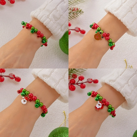 Christmas Beaded Bell Bracelet For Women Men Alloy Santa Claus Reindeer Snowman Charm Festive Party Jewelry Xmas Gift