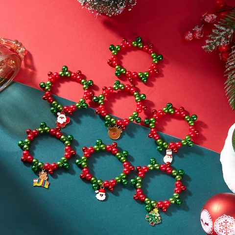 Christmas Beaded Bell Bracelet For Women Men Alloy Santa Claus Reindeer Snowman Charm Festive Party Jewelry Xmas Gift