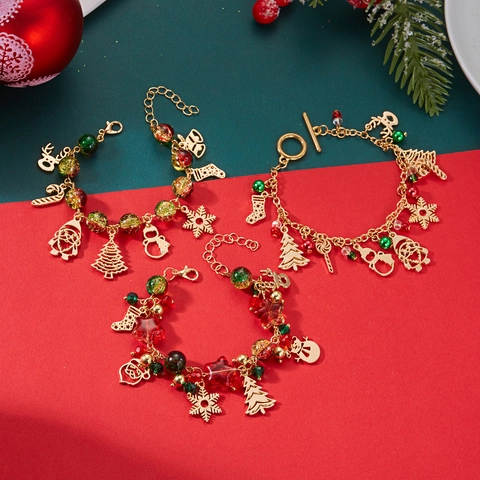 Festive Christmas Charm Bracelet For Women Gold Alloy Red Green Beaded Santa Claus Christmas Tree Elk Pendant Bracelet Jewelry Gift