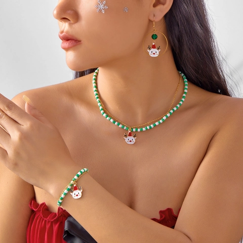 Set Gioielli Natalizi Lega Renna Fiocco di Neve Collana di Perline Bracciale Orecchini Set per Donna Regalo Festa Natale Gioielli