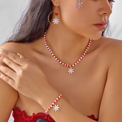 Set Gioielli Natalizi Lega Renna Fiocco di Neve Collana di Perline Bracciale Orecchini Set per Donna Regalo Festa Natale Gioielli
