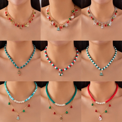 Weihnachten Damen Halskette Festliche Legierung Weicher Ton Doppellagige Choker Weihnachtsmann Baum Glocke Schneeflocke Anhänger Halsketten Party Schmuck Geschenk