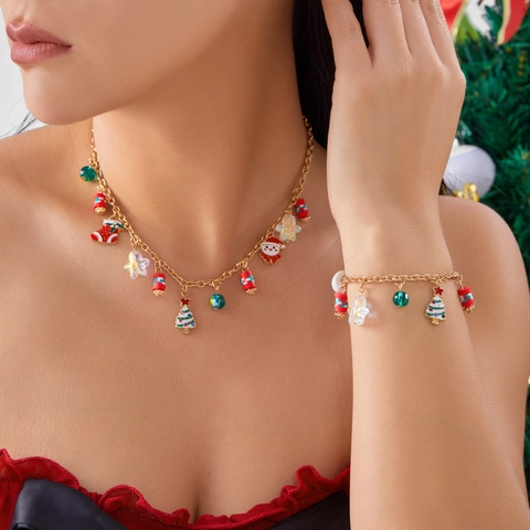 Weihnachten Halskette Armband Set Legierung Emaille Weihnachtsmann Rentier Schneemann Schneeflocke Anhänger Party Schmuck Damen