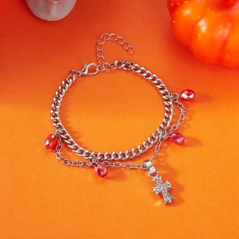 Collier Double Couche avec Pendentif Croix Gothique Collier Vintage en Perles Artificielles Strass et Perles Rouges pour Femme Bijoux de Fête d'Halloween