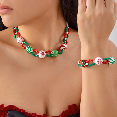 Kerstmis Kralen Halsketting en Armband Hars Sneeuwpop Sneeuwvlok Patroon Feestelijke Vakantie Sieraden voor Vrouwen Meisjes