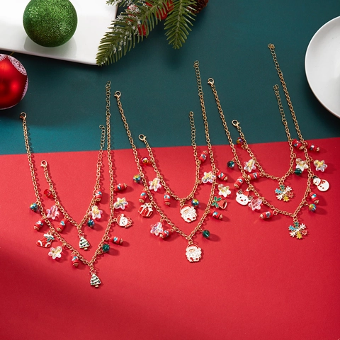 Weihnachten Halskette Armband Set Legierung Emaille Weihnachtsmann Rentier Schneemann Schneeflocke Anhänger Party Schmuck Damen