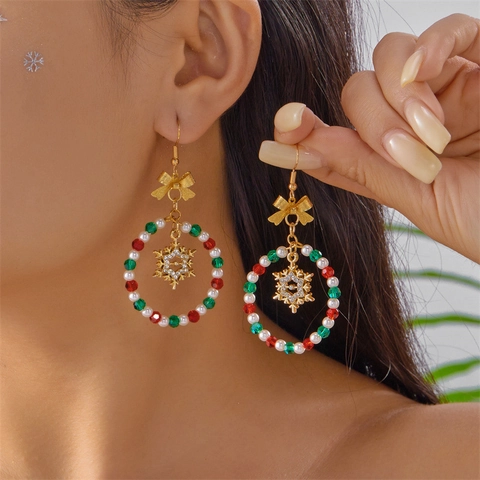 Christmas Alloy Rhinestone Drop Earrings For Women Artificial Pearl Bowknot Snowflake Bell Holiday Jewelry Gift