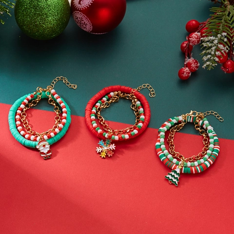 Festive Christmas Bracelet Set Women Alloy Polymer Clay Snowflake Santa Claus Christmas Tree Layered Beaded Bracelets Gift Jewelry