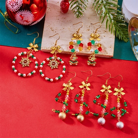 Christmas Alloy Rhinestone Drop Earrings For Women Artificial Pearl Bowknot Snowflake Bell Holiday Jewelry Gift