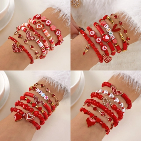 Valentijnsdag Rood Hart Meerlagige Kralen Armband Set Voor Dames Legering Polymeerklei Letter Love Kralen Mode Sieraden Accessoires