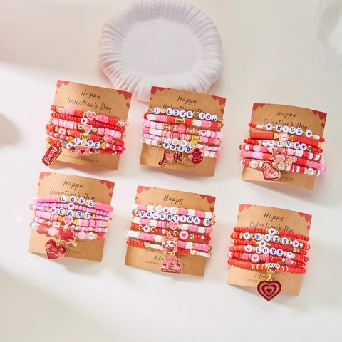 Valentijnsdag Polymeerklei Stapelbare Kralen Armband Set Voor Dames Roze Rood Hart Letter Handgemaakte Gelaagde Armband Sieraden