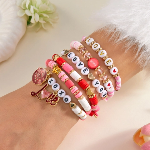 Valentijnsdag Polymeerklei Stapelbare Kralen Armband Set Voor Dames Roze Rood Hart Letter Handgemaakte Gelaagde Armband Sieraden