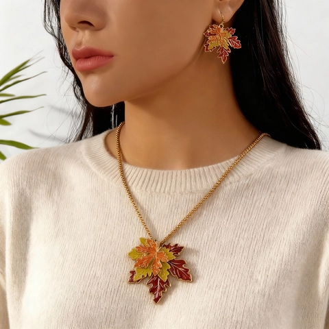 Vintage Legierung Bunte Ahornblatt Emaille Tropföl Anhänger Halskette Ohrringe Schmuck Für Damen Herbst Accessoires