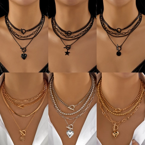 Fashion Multi Layered Alloy Heart Pendant Necklace For Women Gothic Black Gold Silver OT Toggle Clasp Punk Jewelry Gift
