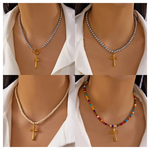 Stainless Steel Cross Pendant Necklace Natural Stone Colorful Beaded Choker With Toggle Clasp For Women Vintage Bohemian Jewelry