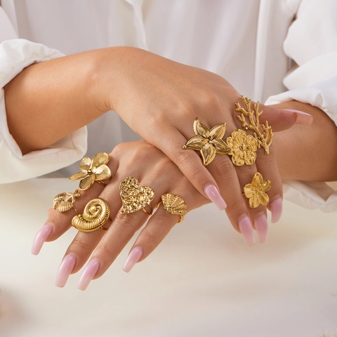 Mode Edelstahl Vergoldet Verstellbare Ringe Für Damen Vintage Blume Herz Seestern Sonne Schleife Ozean Stil Schmuck