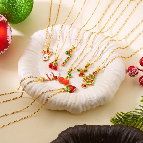 Festliche Weihnachten Edelstahl Halskette Emaille Weihnachtsmann Schneemann Rentier Anhänger Halskette Schmuck Für Damen Kinder