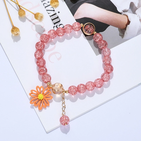 Sweet Daisy Flower Crystal Beaded Bracelet For Women Crackle Quartz Elastic Hand Chain Korean Style Floral Pendant Jewelry Gift