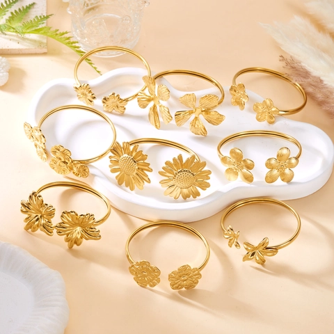 Edelstahl Hohl Blume Herz Schleife Offener Armreif Für Damen Vintage Goldbeschichtet Sonne Mond Einstellbar Schmuck Geschenk