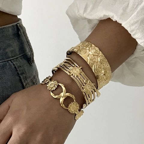 Boho Edelstahl Manschettenarmband Für Damen Gold Vintage Sonnengesicht Biene Schmetterling Schleife Geprägt Offener Armreif Schmuck