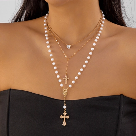 Europäische Mehrlagige Legierung Halskette Herz Kreuz Anhänger Y-Form Quaste Künstliche Perle Strass Vintage Schmuck Für Damen