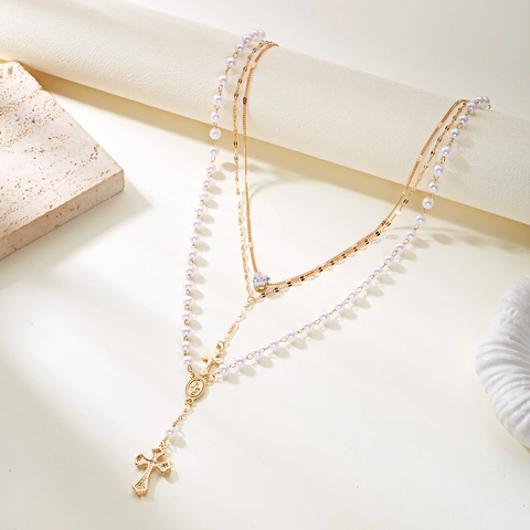 Europäische Mehrlagige Legierung Halskette Herz Kreuz Anhänger Y-Form Quaste Künstliche Perle Strass Vintage Schmuck Für Damen
