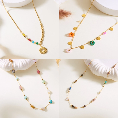Böhmische Edelstahl Naturstein Halskette Für Damen Vergoldet Sonne Blume Herz Anhänger Mehrlagige Perlenkette Schmuck