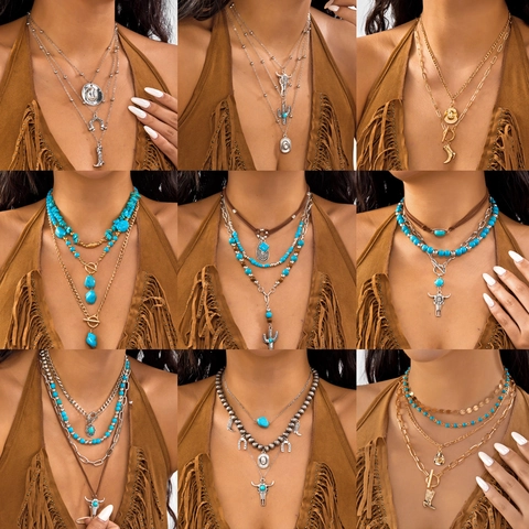 Western Cowboy Boho Mehrlagiges Halsketten Set Legierung Türkis Stierkopf Kaktus Hut Stiefel Anhänger Damen Schmuck