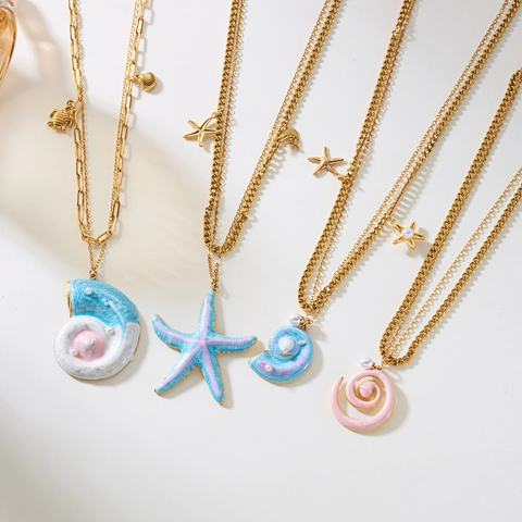 Collier Multirang en Acier Inoxydable Bohème Pour Femmes Pendentif Marine Étoile de Mer Coquillage Émail Bijoux Vacances Plage