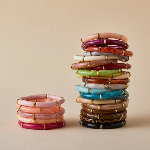 Bohemian Acrylic Curved Tube Elastic Bracelet For Women Modern Marble Texture Leopard Resin Bangle Gold Metal Spacers Jewelry