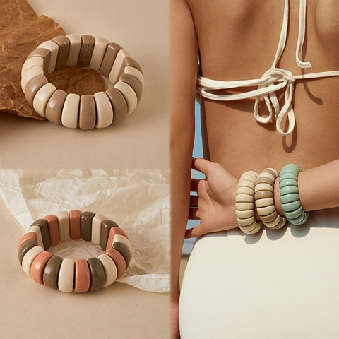 Bracciale Elastico in Perle di Acrilico Minimalista per Uomo Donna Fatto a Mano Geometrico Maillard Color Block Gioielli
