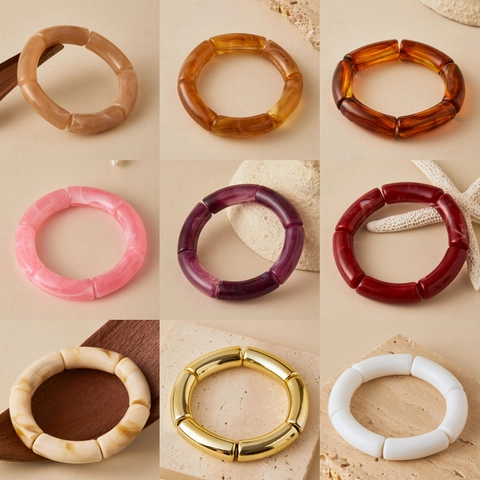 Bracelet Élastique Vintage en Acrylique Tube de Bambou pour Femmes Mode Résine Tube Courbé Motif Marbre Bijoux de Main