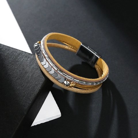 Bohemian Multilayer Bracelet For Women Vintage Alloy Synthetic Leather Geometric Arrow Rhinestone Inlaid Jewelry Magnetic Clasp Bangle