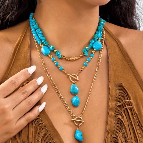 Vintage Western Cowboy Style Layered Necklace Set For Women Electroplated Alloy Turquoise Bull Skull Cactus Hat Boots Pendant Necklaces Boho Retro Choker Multi Layer Jewelry