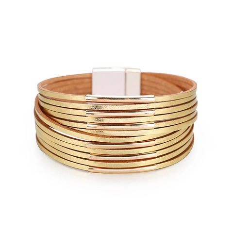 Handmade Multilayer Leather Wrap Bracelet For Women Bohemian Style Two-Tone Magnetic Clasp Alloy Tube Decorative Wristband