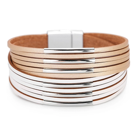 Handmade Multilayer Leather Wrap Bracelet For Women Bohemian Style Two-Tone Magnetic Clasp Alloy Tube Decorative Wristband