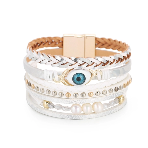 Bracciale Multistrato in Pelle Boho Malocchio per Donna Lega Perla Artificiale Chiusura Magnetica Gioielli Regalo