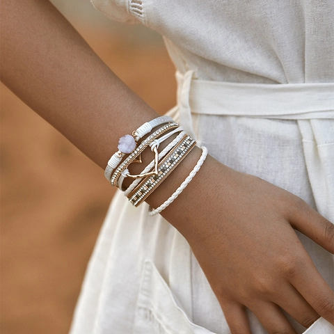 Boheems Meerlagig Leren Armband Voor Dames Goud Zilver Verguld Legering Hol Hart Hanger Strass Nagemaakte Druzysteen Wikkelarmband Sieraden Cadeau