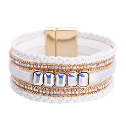 Bracciale Multistrato in Pelle Bohemienne per Donna Con Chiusura Magnetica Cristallo AB Artificiale Strass Braccialetto Intrecciato Gioielli